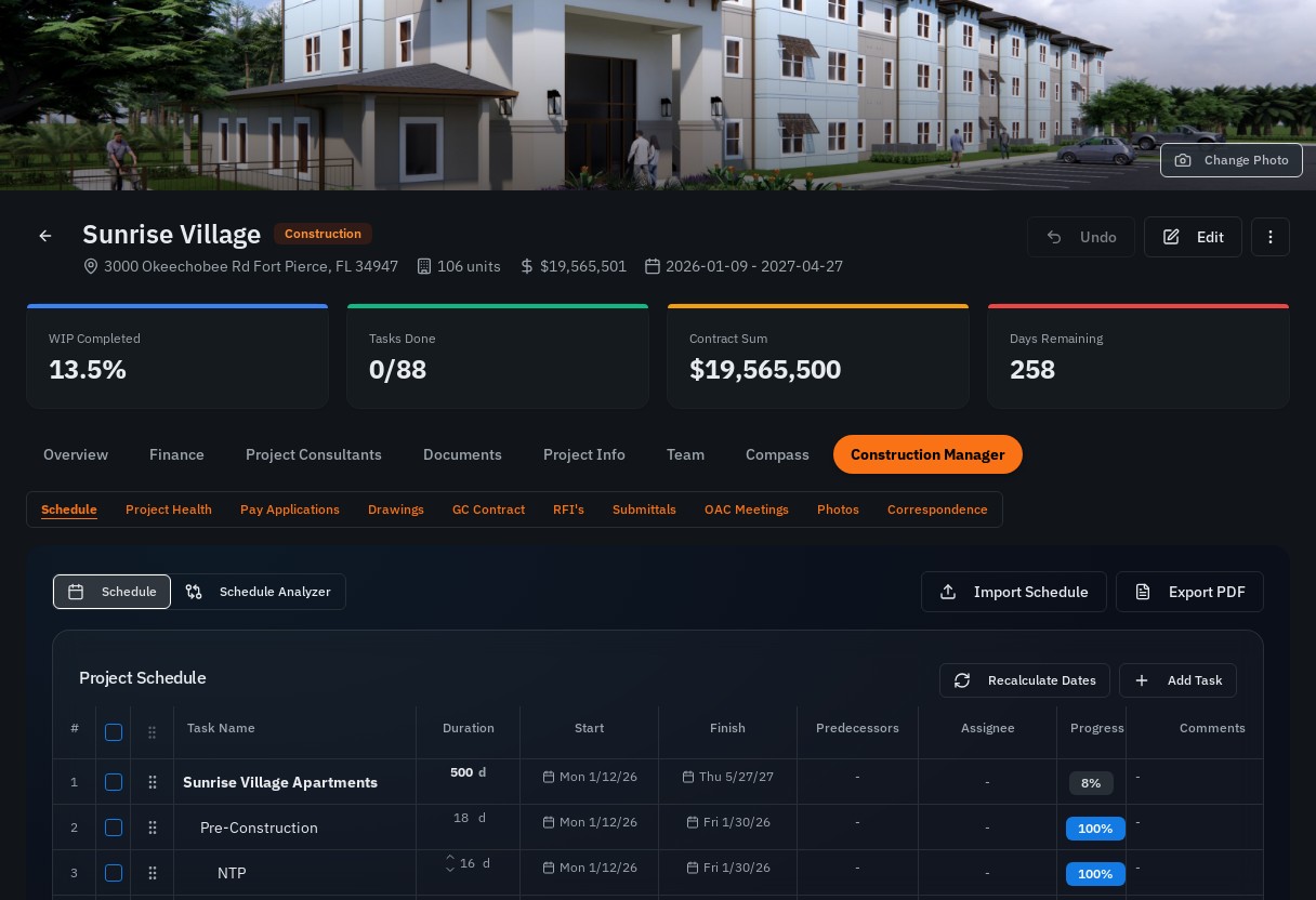 Chronida project schedule — task list with durations, dates, and progress